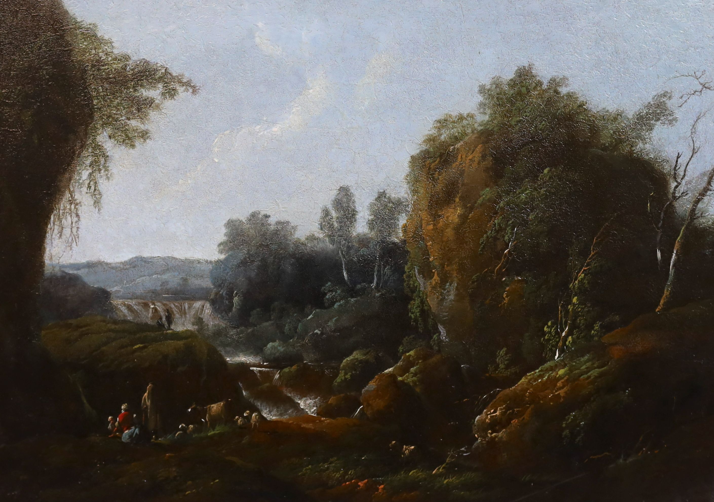 Jean Baptiste Pillement (French, 1728-1808), Italianate river landscapes, oil on zinc panels, a pair, 28 x 38.5cm